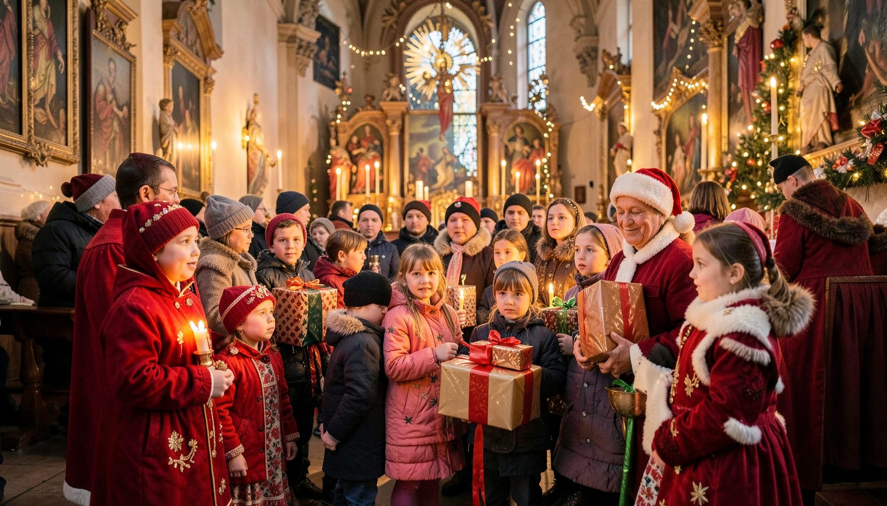 Дети с подарками на благотворительной акции святого Николая в храме, тёплый свет свечей, праздничная атмосфера