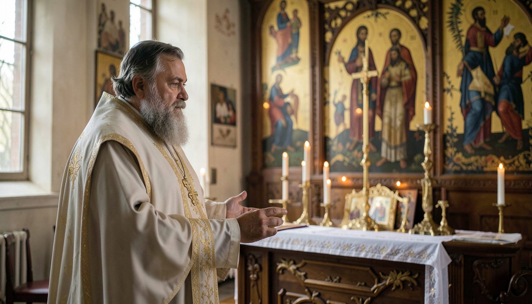 Священник произносит проповедь перед алтарём, мягкий свет из окон падает на иконостас