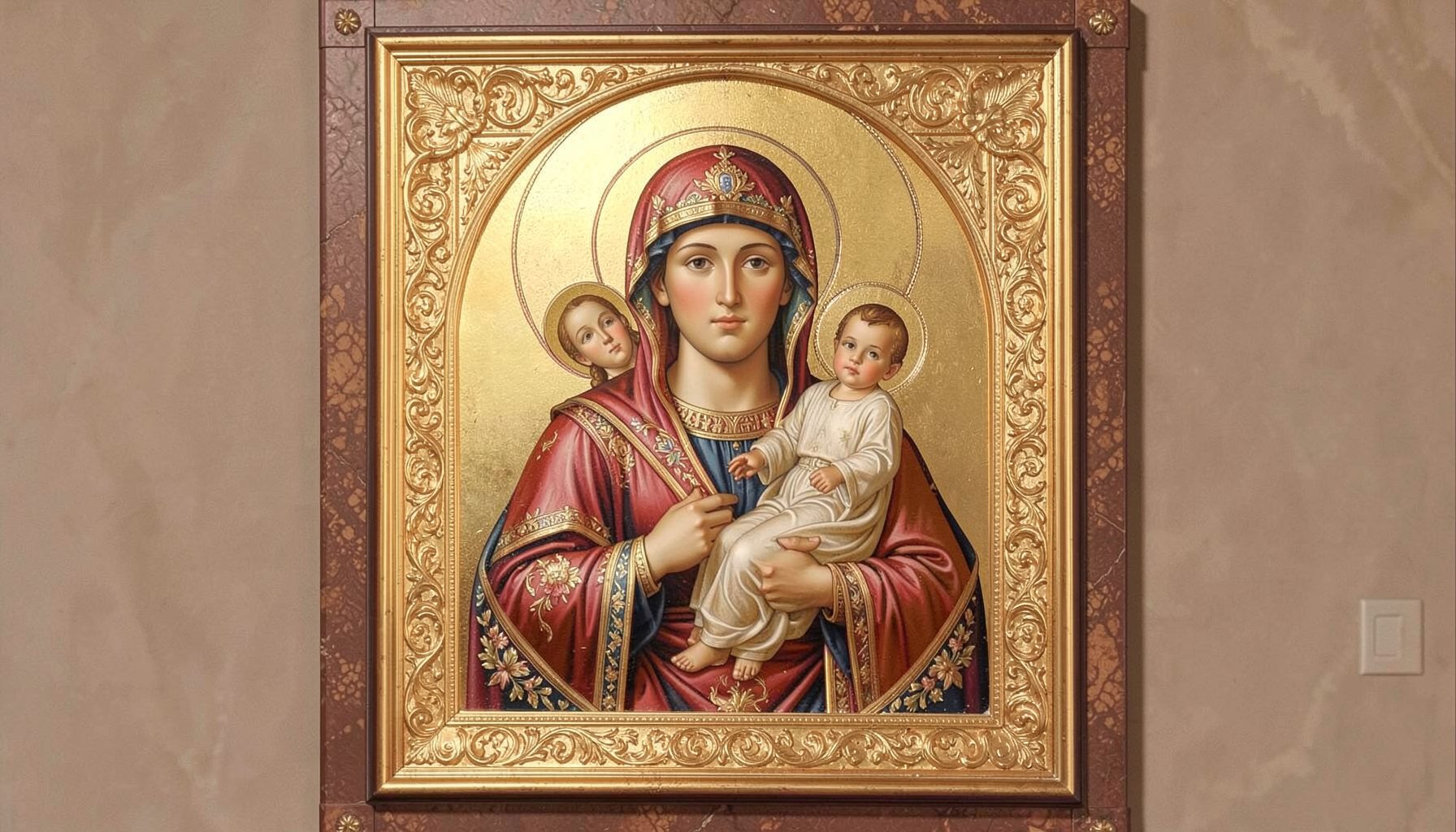 Икона Богородицы с Младенцем, золотой фон, византийский стиль