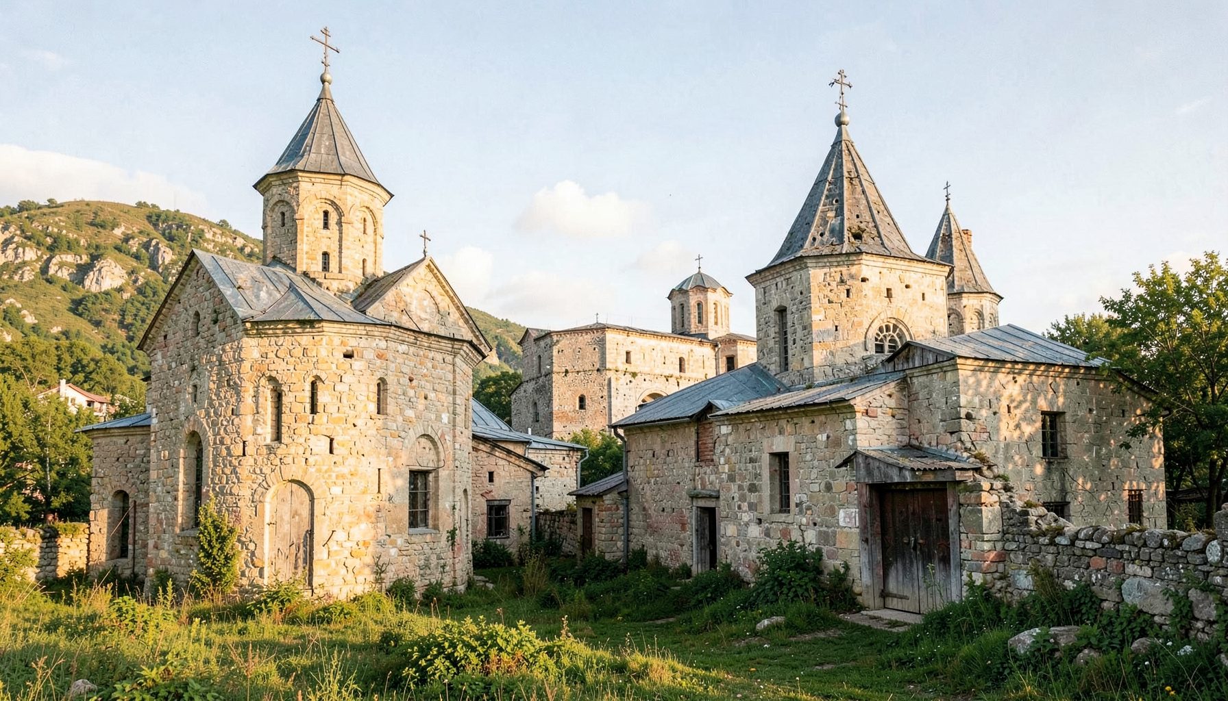 Старинный монастырский комплекс, каменная архитектура, мягкий солнечный свет
